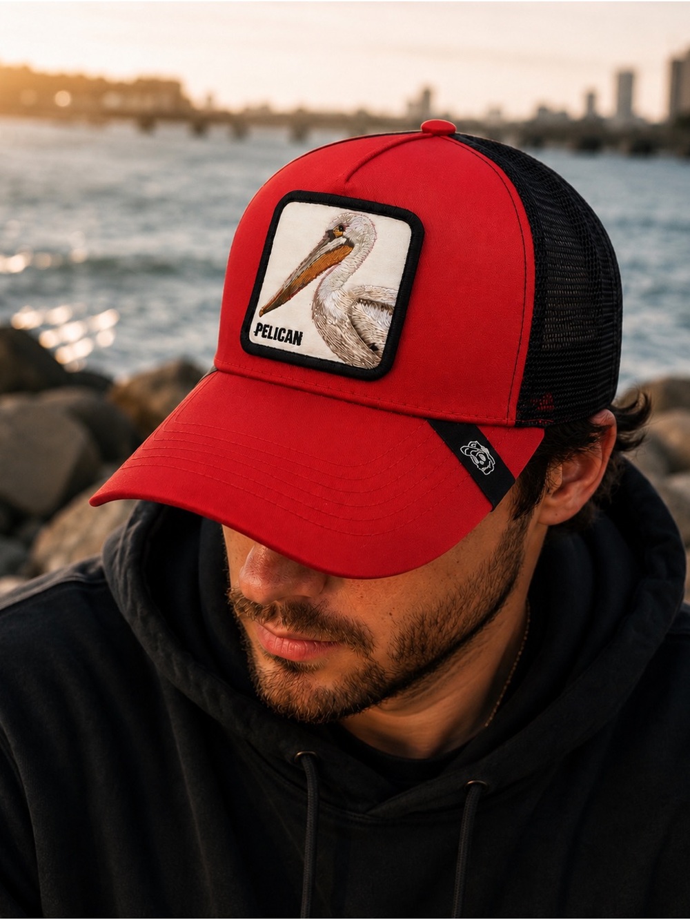 Pelican Patch Trucker Hat Red Black Snapback Mesh Baseball Cap Adjustable